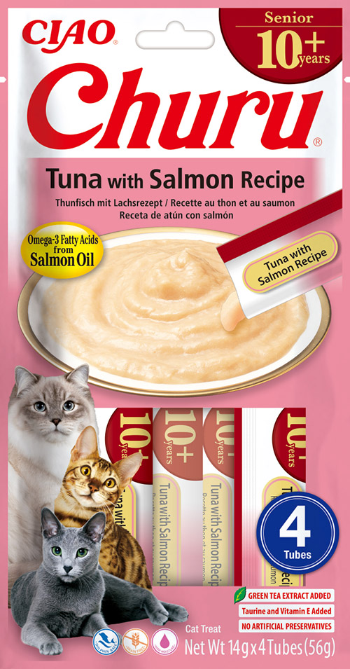 Churu Cat Senior masové pyré – tuňák, losos 4×14g