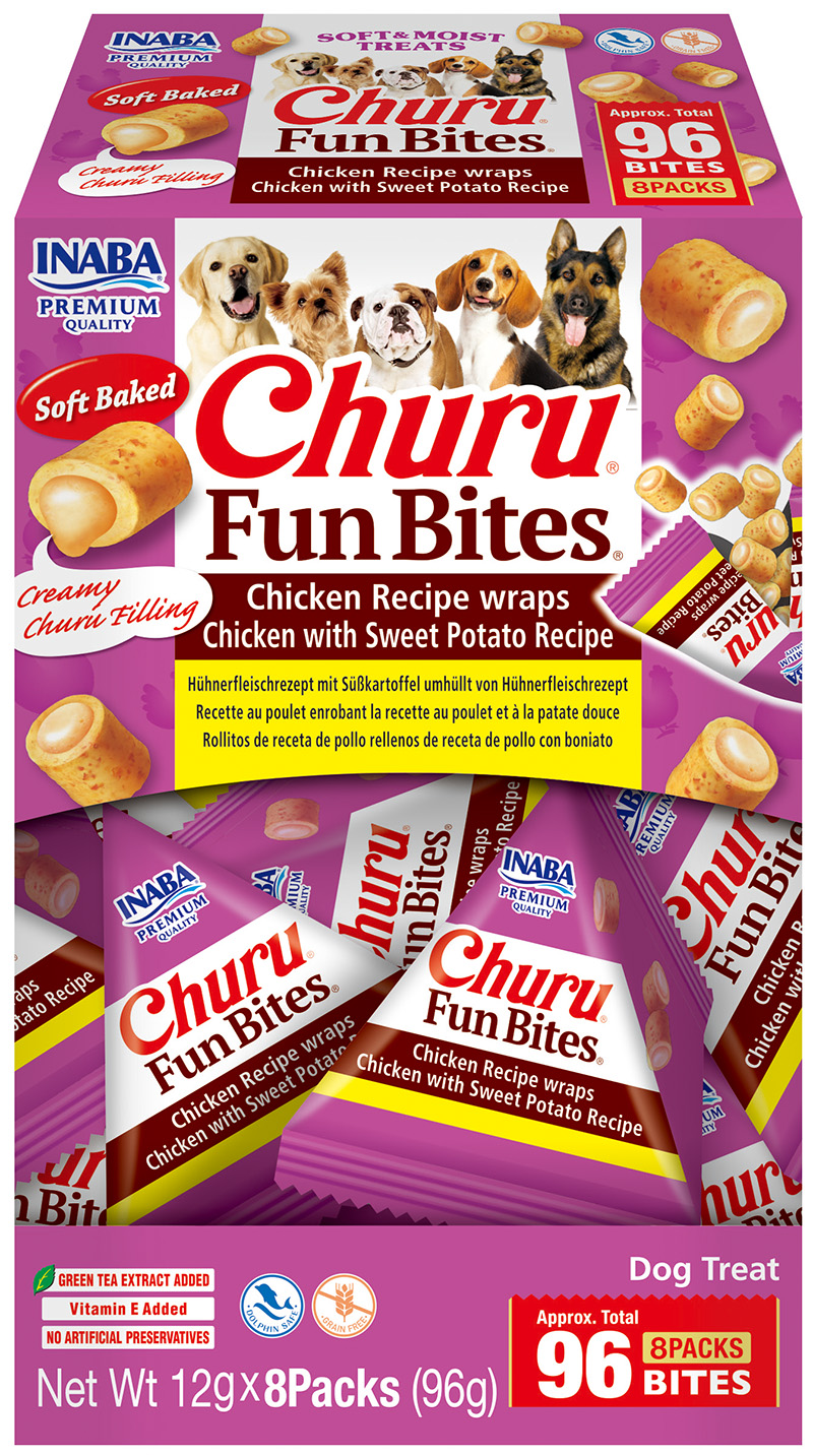 Churu Dog Fun Bites – kuřecí s náplní kuře se sladkou bramborou 8x12g