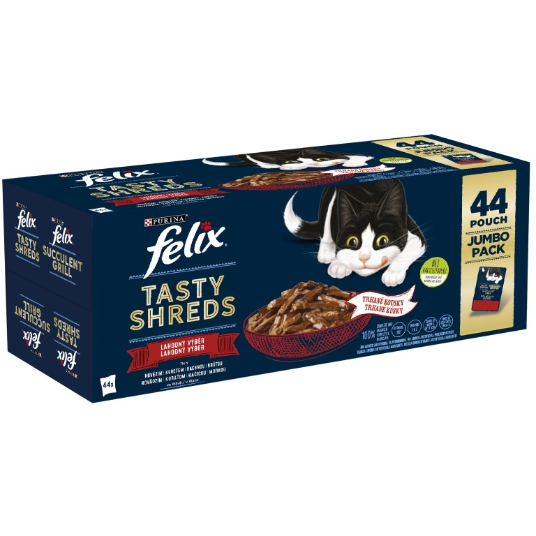 Felix Tasty Shreds hovězí, kuře, kachna, krůta ve šťávě 44 x 80 g