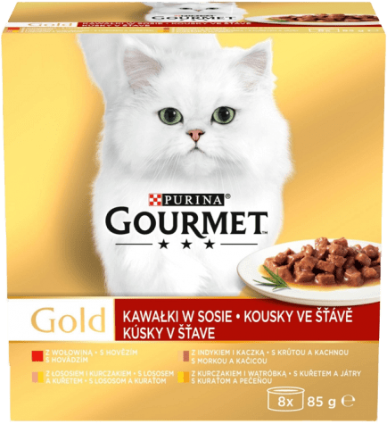 Gourmet Gold Multipack hovězí/krůta s kachnou/losos s kuřetem/kuře s játry ve šťávě 8x85g
