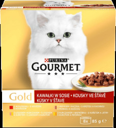 Gourmet Gold Multipack hovězí/krůta s kachnou/losos s kuřetem/kuře s játry ve šťávě 8x85g