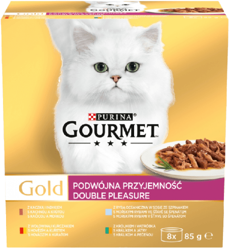 Gourmet Gold Multipack hovězí s kuřetem/králík s játry/mořské ryby se špenátem/kachna s krůtou 8x85g