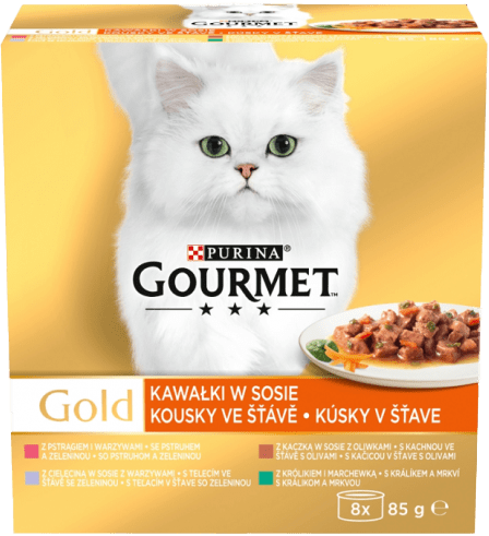 Gourmet Gold Multipack kachna s olivami/pstruh se zeleninou/králík s mrkví/telecí se zeleninou ve šťávě  8x85g