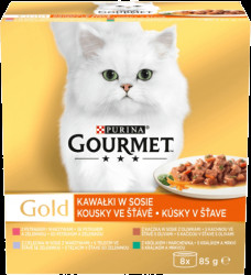 Gourmet Gold Multipack kachna s olivami/pstruh se zeleninou/králík s mrkví/telecí se zeleninou ve šťávě  8x85g