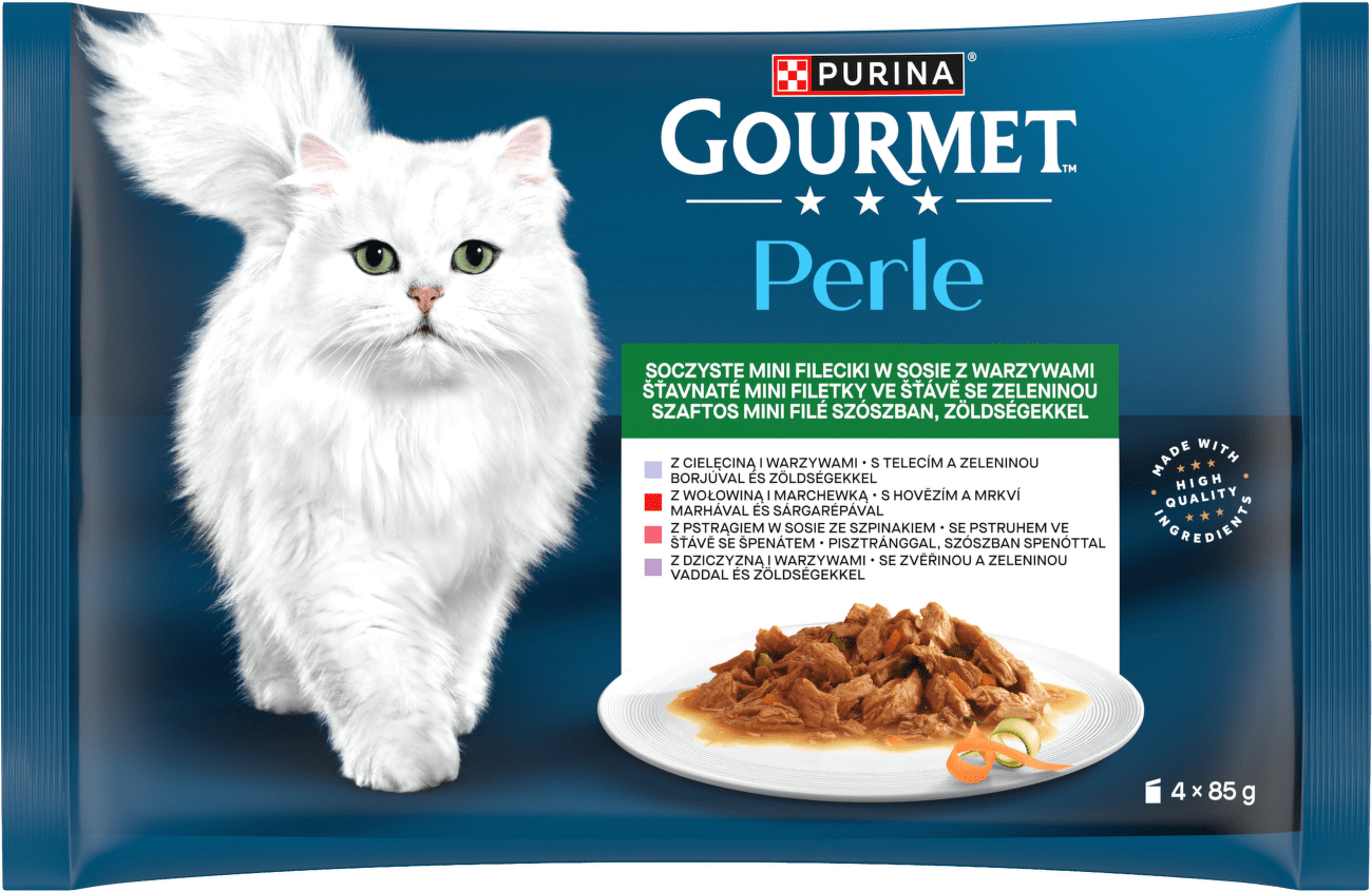 Gourmet Perle multipack minifiletky telecí se zeleninou/zvěřina se zeleninou/hovězí s mrkví/pstruh se špenátem ve šťávě 4x85g