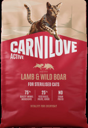 Granule CARNILOVE Active pro sterilizované kočky jehněčí a divočák 2 kg