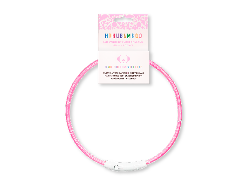 Huhubamboo LED svítící obojek z nylonu růžový 65 cm
