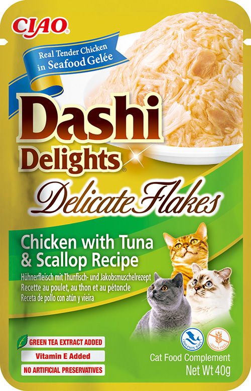 Inaba Dashi Cat Delights Delicate Flakes kapsička kuře s tuňákem a hřebenatkou 40g