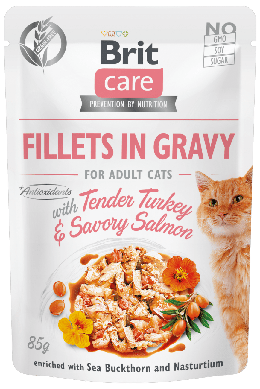 Kapsička Brit Care Cat Fillets in Gravy with Tender Turkey & Savory Salmon 85g