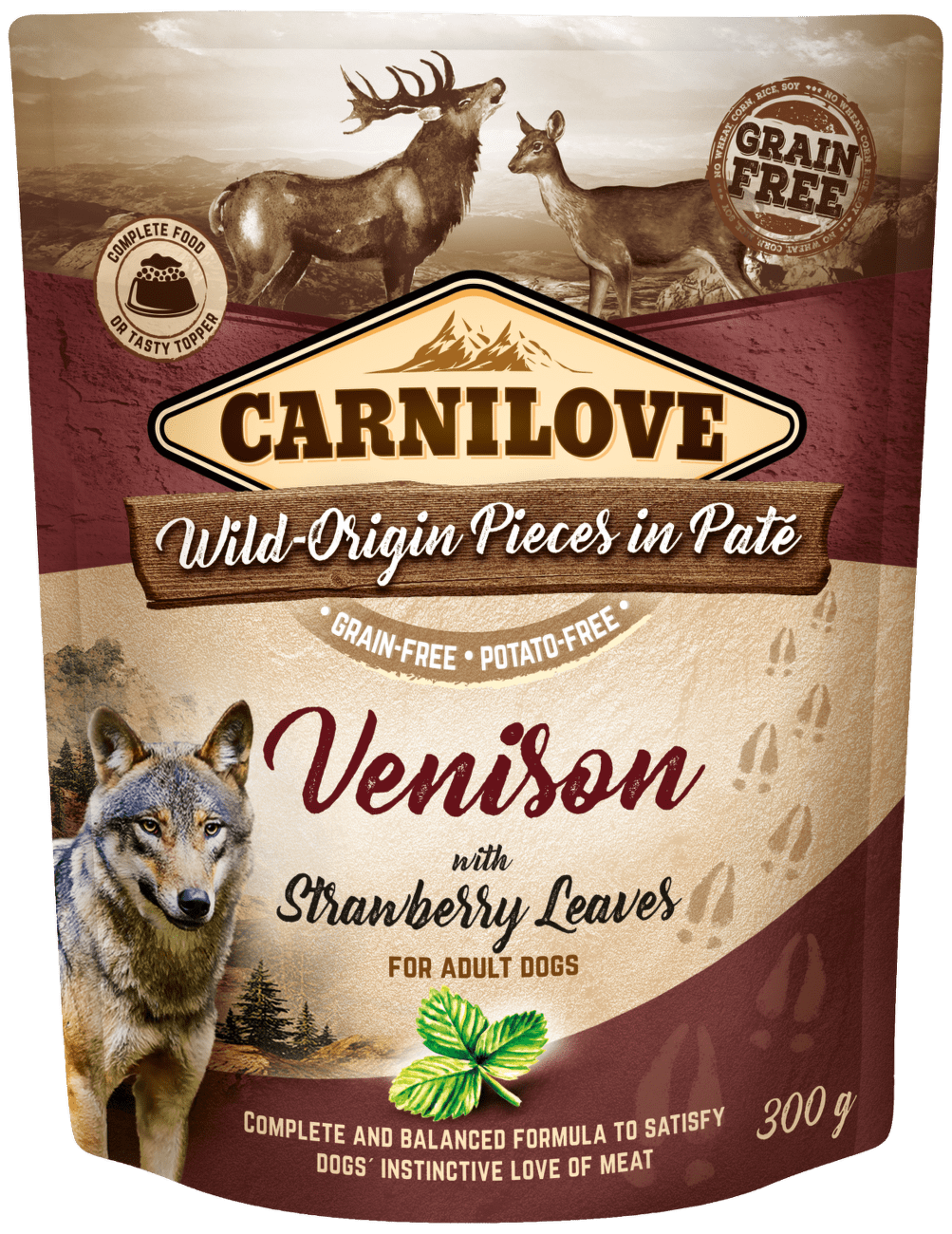 Kapsička Carnilove Dog Pouch Paté jelenina s listy jahodníků 300g