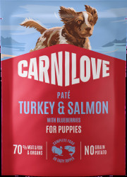Kapsička CARNILOVE Paté pro štěňata krůta a losos s borůvkami 300 g