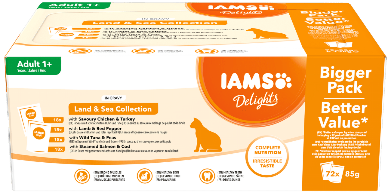 Kapsička Iams Delights mořské a suchozem. maso v omáčce multipack 72x85g