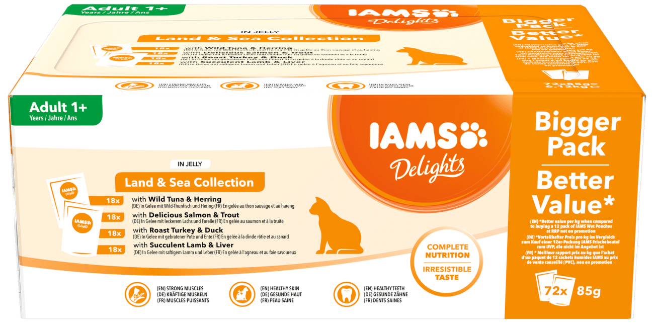 Kapsička Iams Delights mořské a suchozem. maso v želé multipack 72x85g