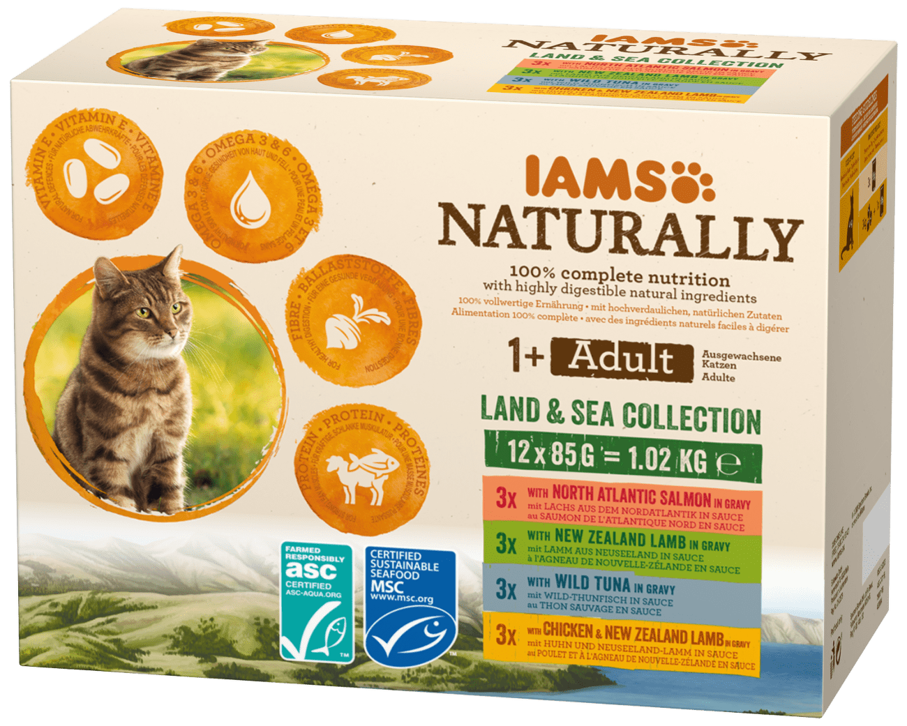 Kapsička IAMS Naturally mořské a suchozemské maso v omáčce multipack 12x85g