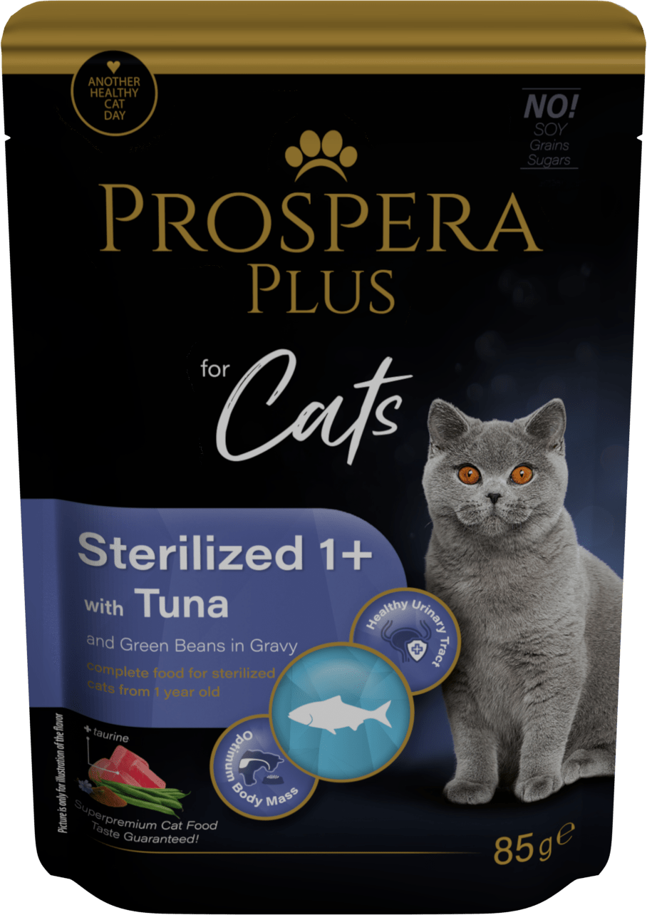 Kapsička Prospera Plus Cat Sterilised 1+ tuňák a zelené fazolky 85g