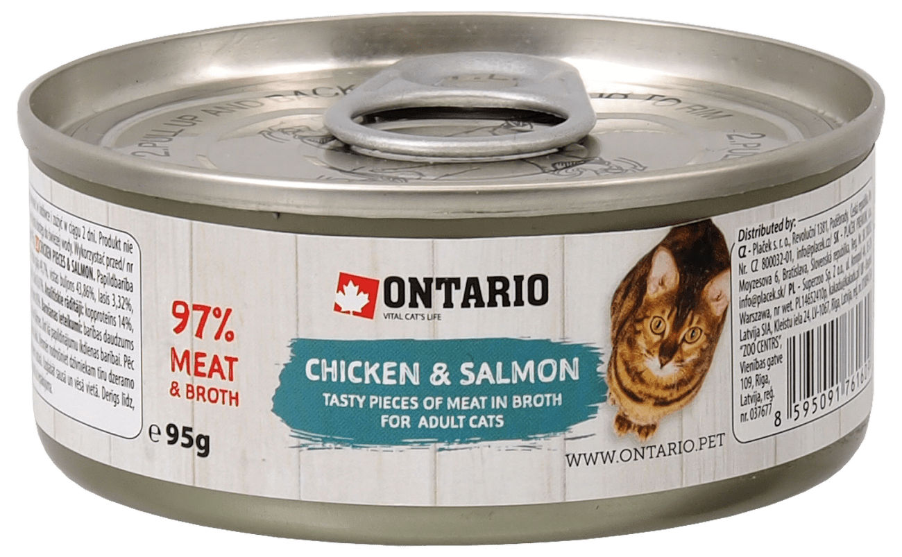 Konzerva Ontario Chicken Pieces + Salmon 95g