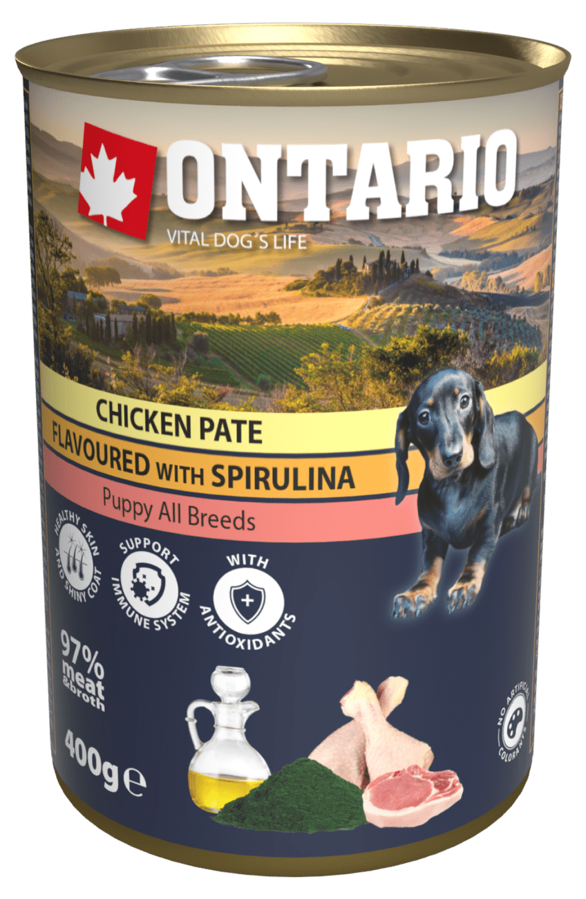 Konzerva Ontario Puppy Chicken Pate flavoured with Spirulina and Salmon oil 400g