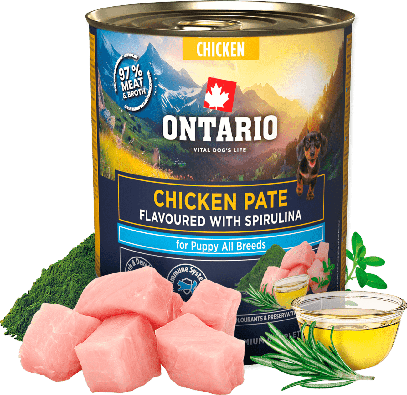Konzerva Ontario Puppy kuřecí pate s příchutí spiruliny 800g