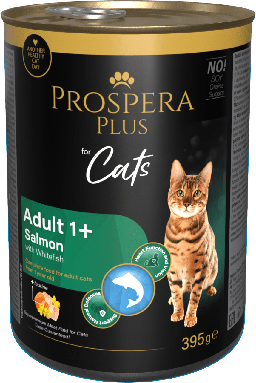 Konzerva Prospera Plus Cat Meat Paté Adult 1+ losos a bílá ryba 395g