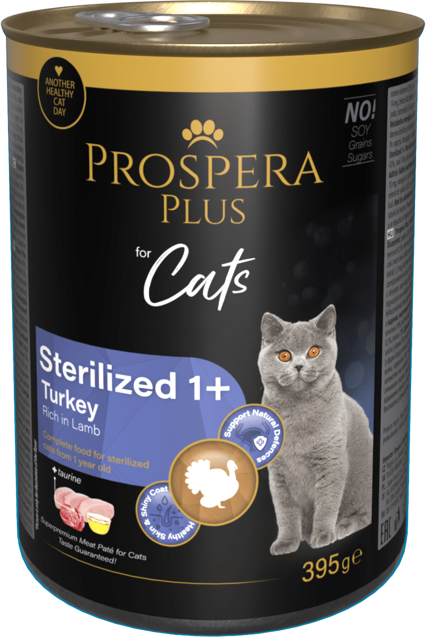Konzerva Prospera Plus Cat Meat Paté Sterilized 1+ krůtí a jehněčí 395g