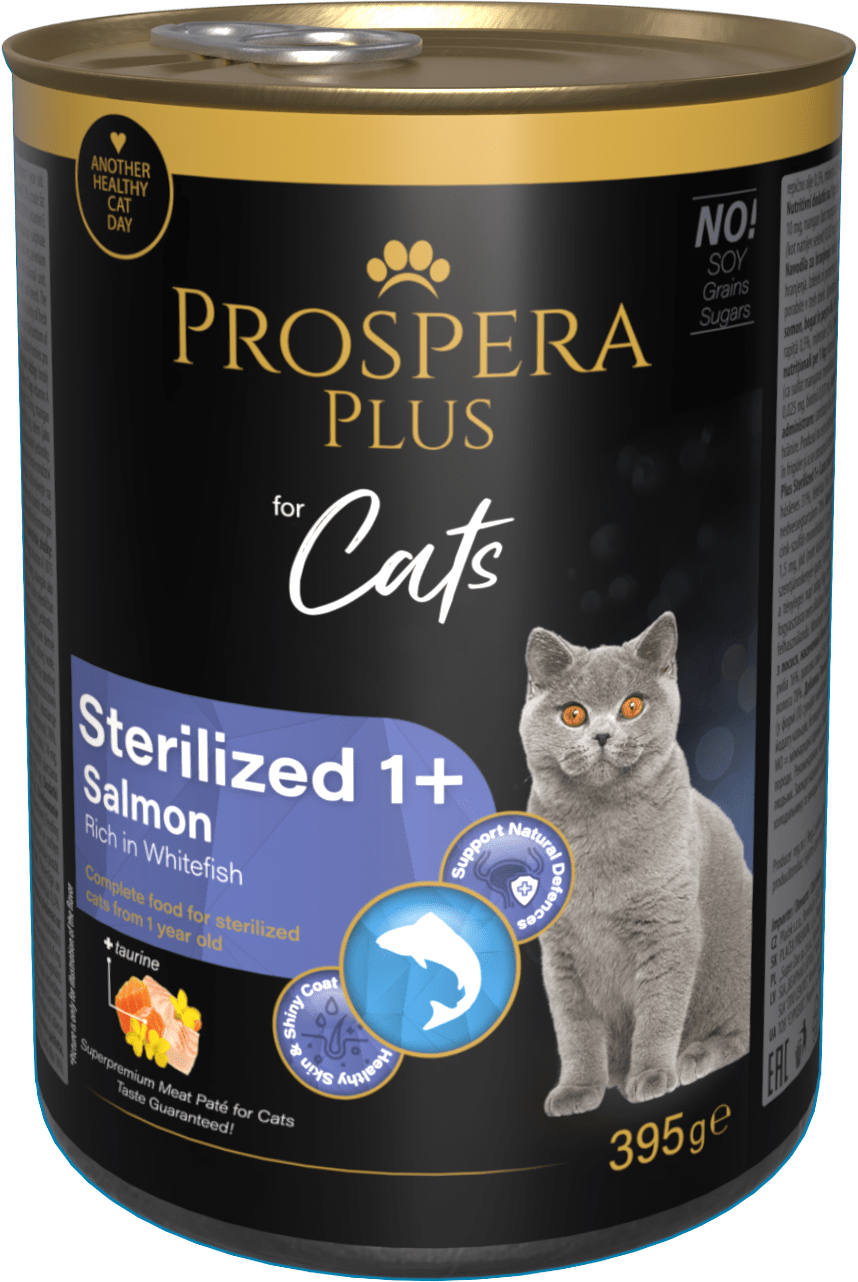 Konzerva Prospera Plus Cat Meat Paté Sterilized 1+ losos a bílá ryba 395g