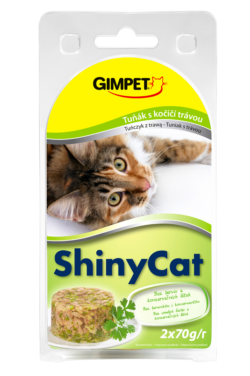 Konzerva ShinyCat tuňák s kočičí trávou 2 x 70 g