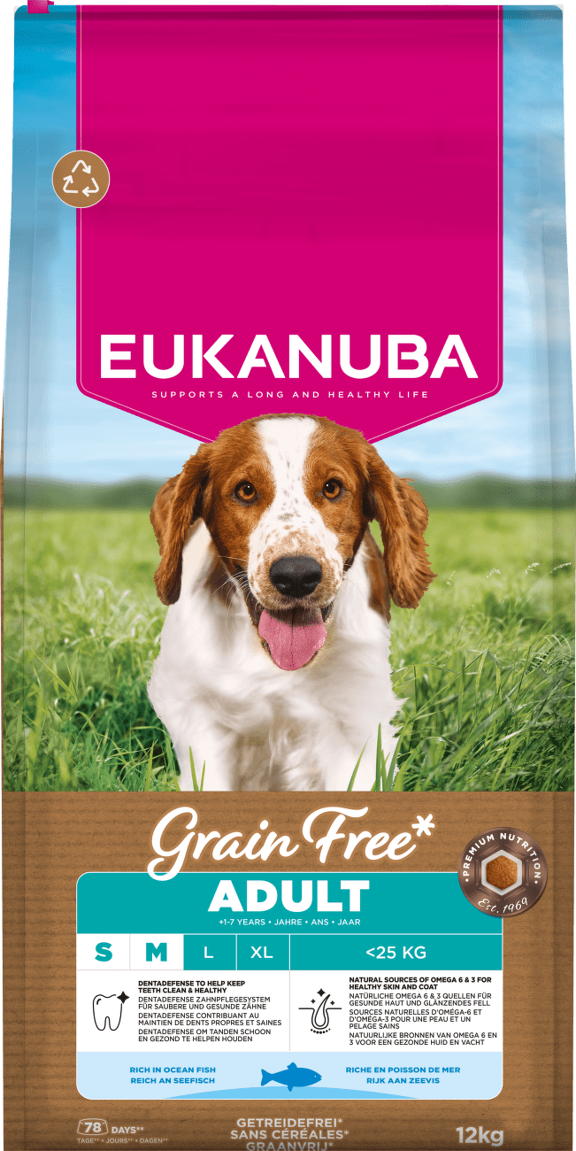Krmivo Eukanuba Grain Free Adult Small&Medium mořské ryby 12kg