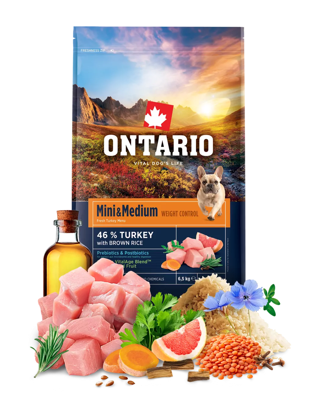 Ontario Mini & Medium Weight Control Turkey & Brown Rice 6,5kg