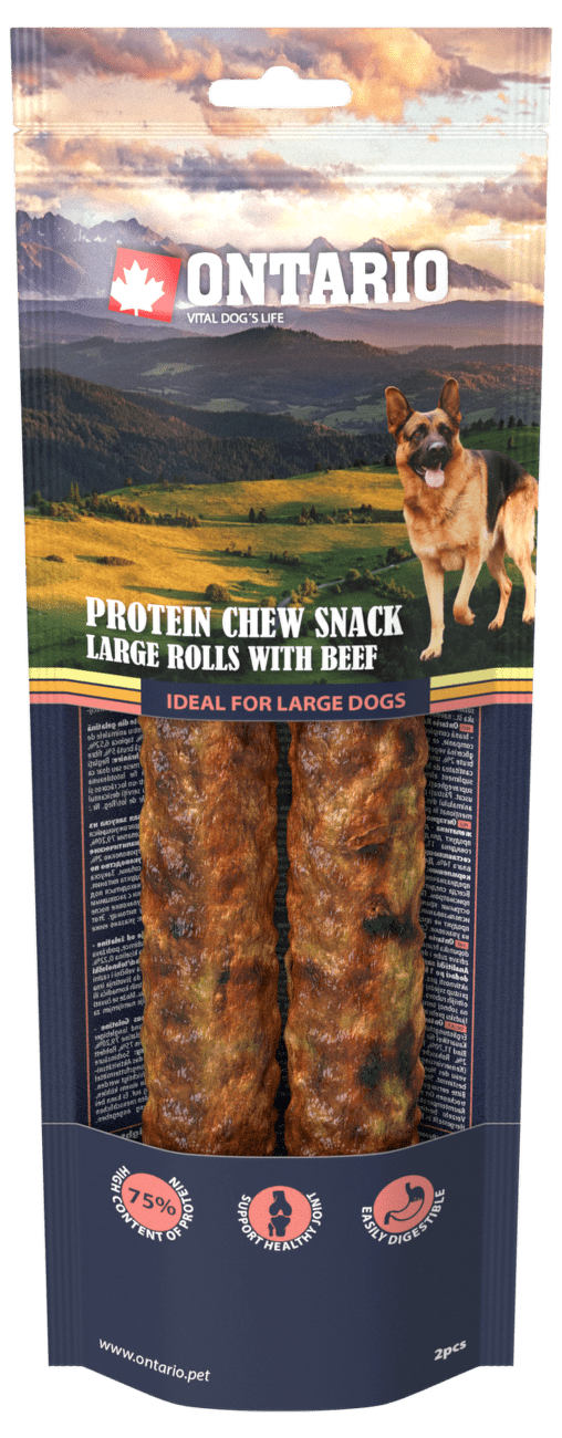 Ontario Protein žvýkací pamlsek velká rolka s hovězím 2ks