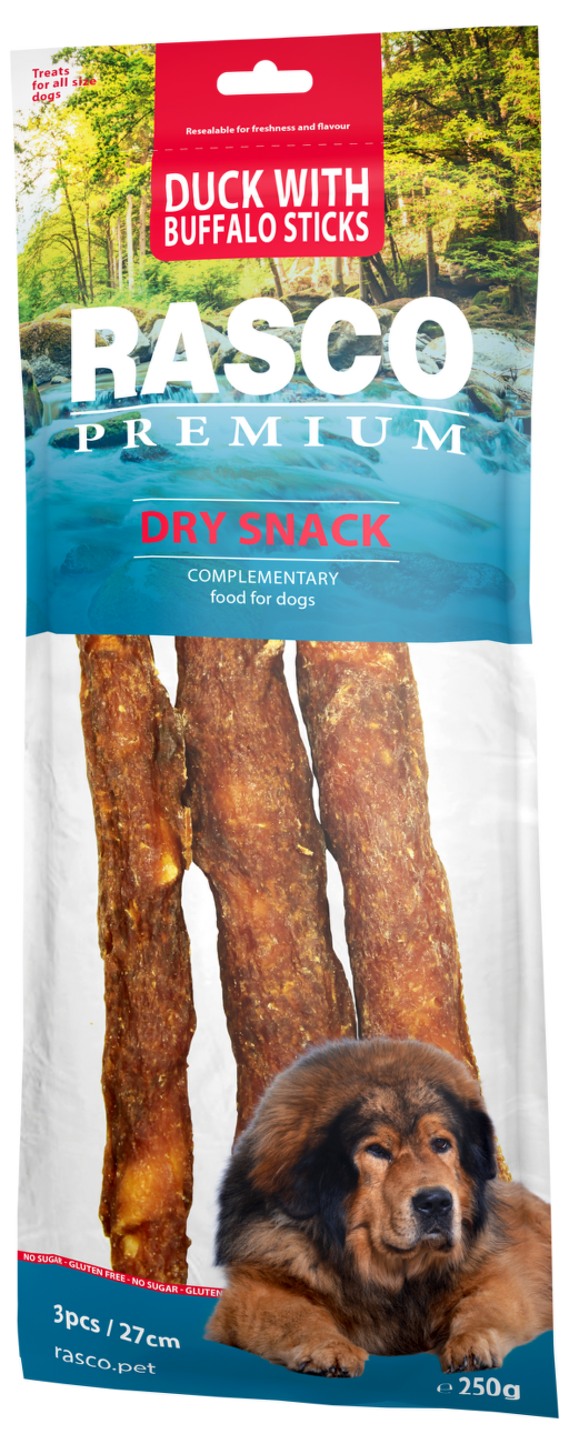 Pochoutka Rasco Premium 3 tyčinky bůvolí 27cm obalené kachním masem 250g