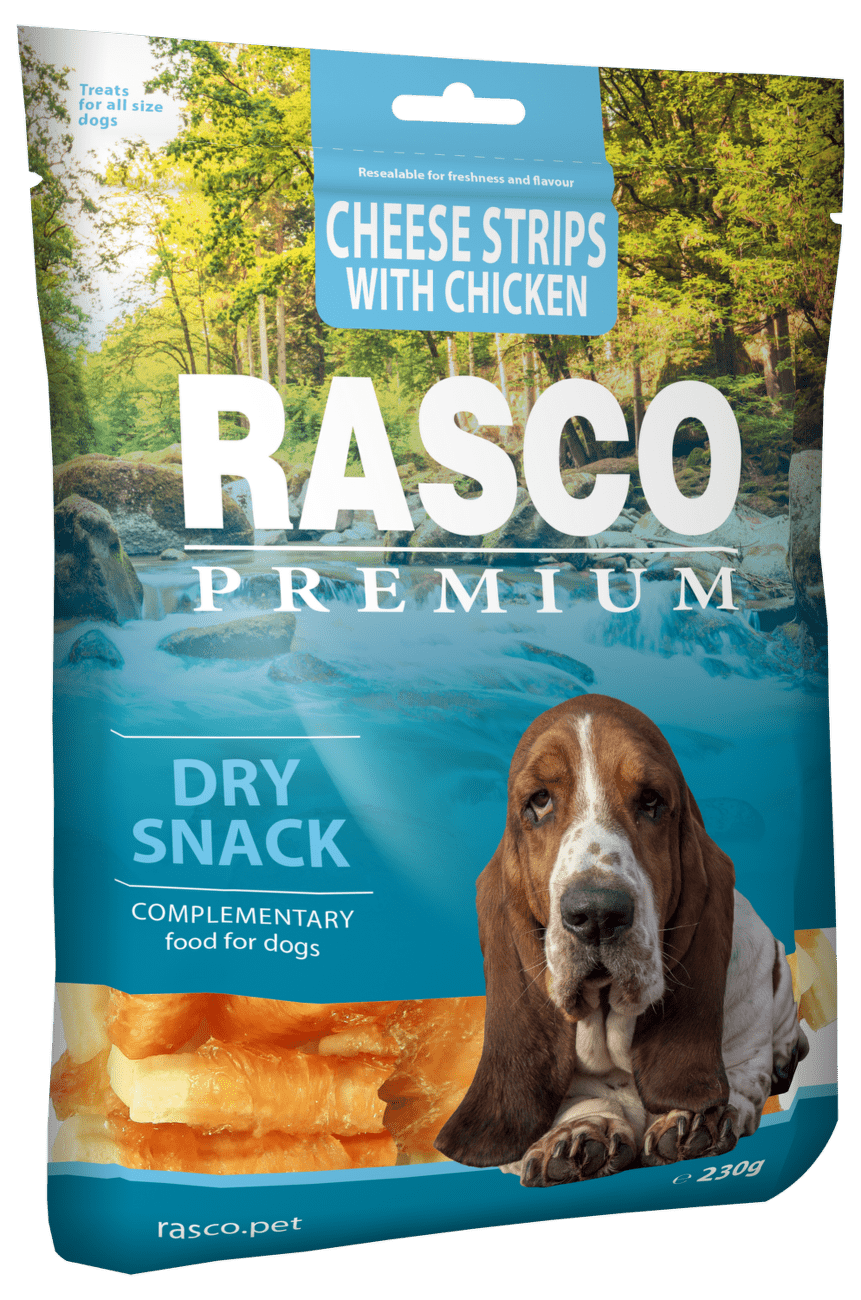 Pochoutka Rasco Premium proužky sýru obalené kuřecím masem 230g