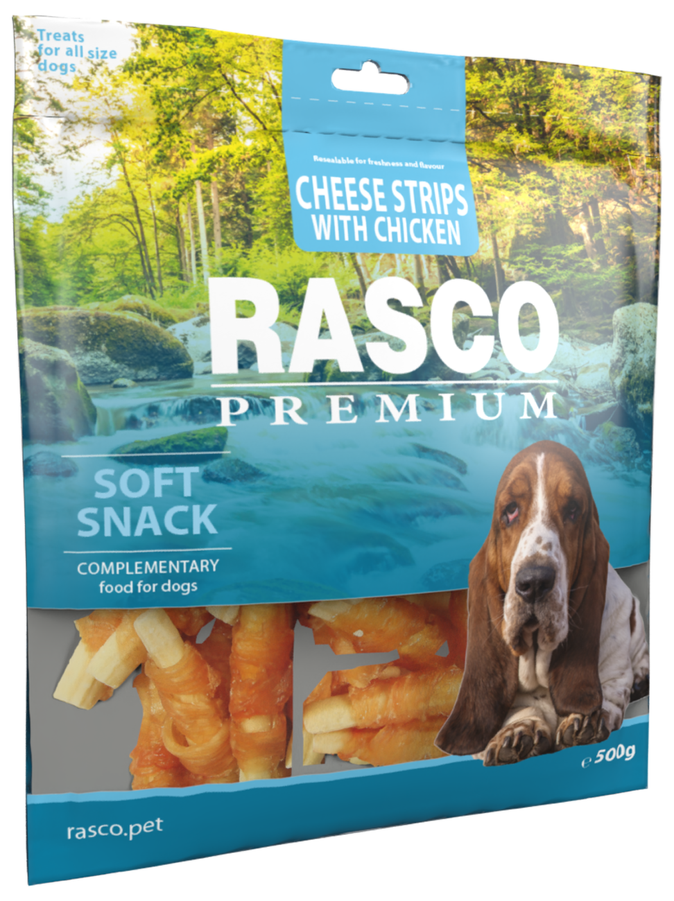 Pochoutka Rasco Premium proužky sýru obalené kuřecím masem 500g
