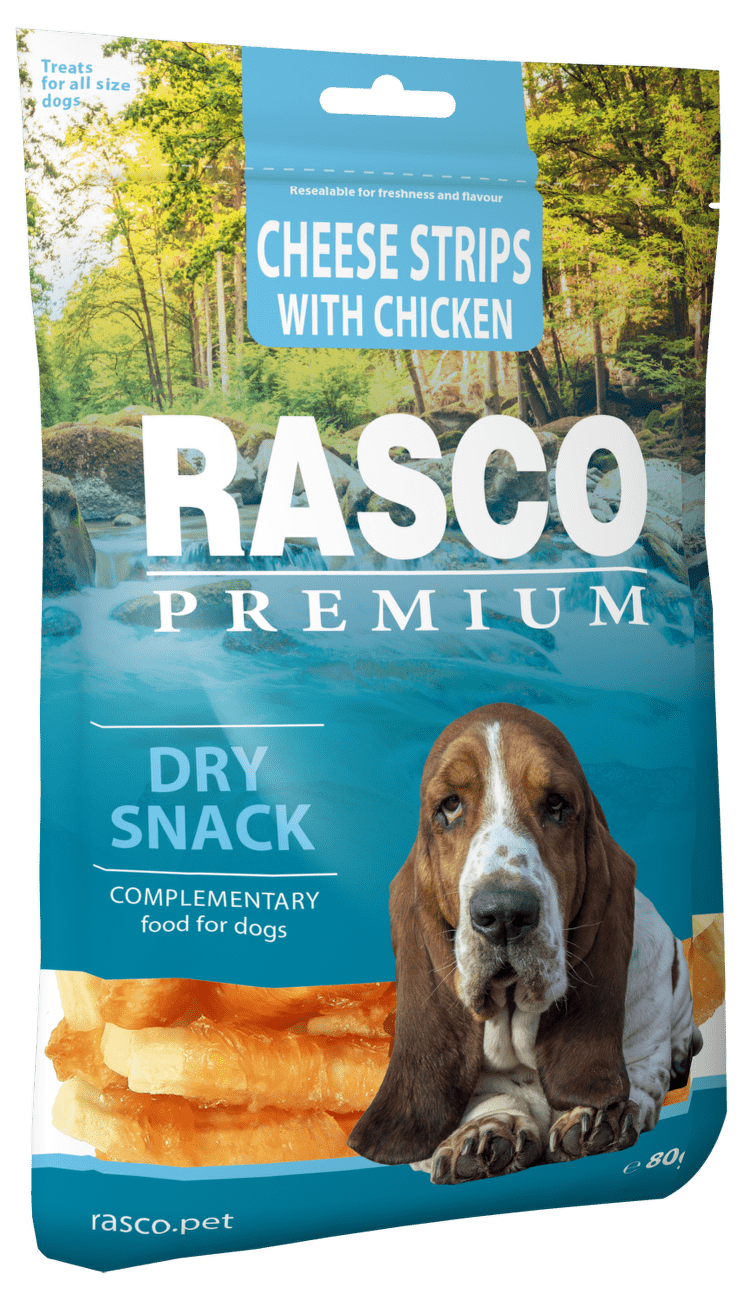 Pochoutka Rasco Premium proužky sýru obalené kuřecím masem 80g