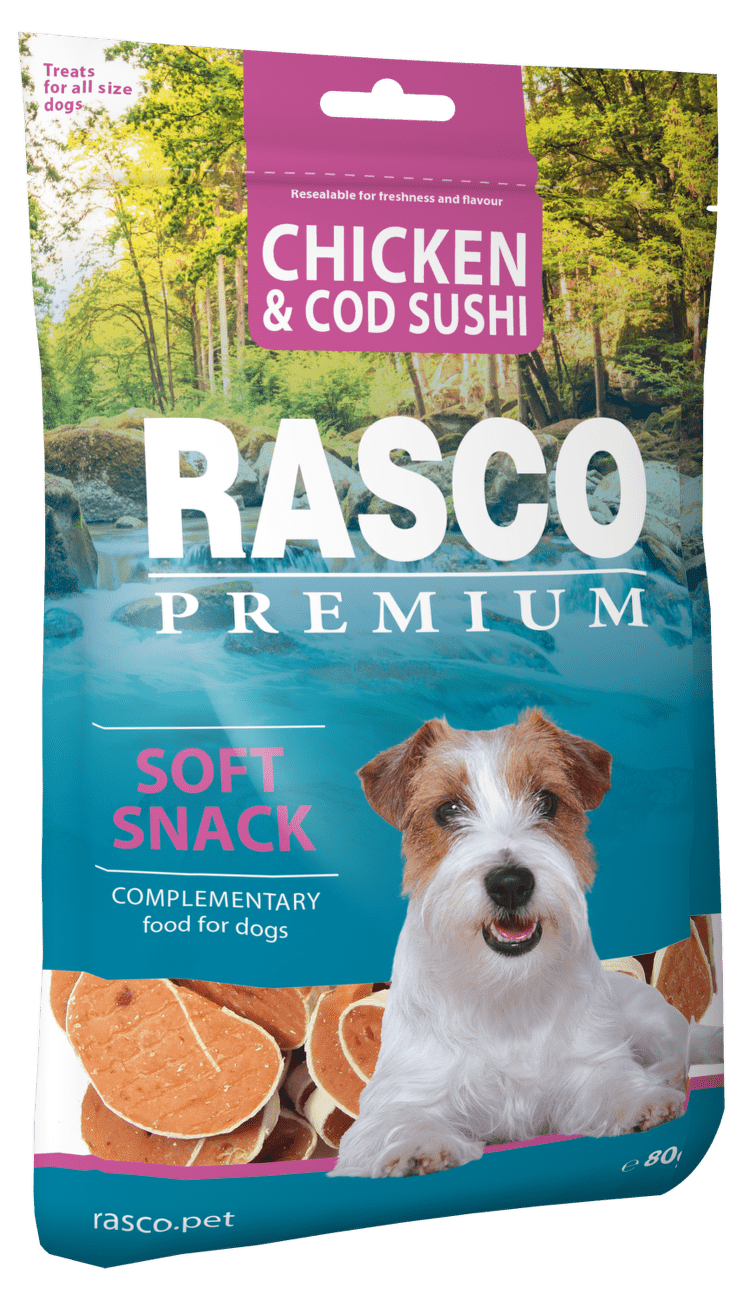 Pochoutka Rasco Premium sushi z tresky a kuřete 80g