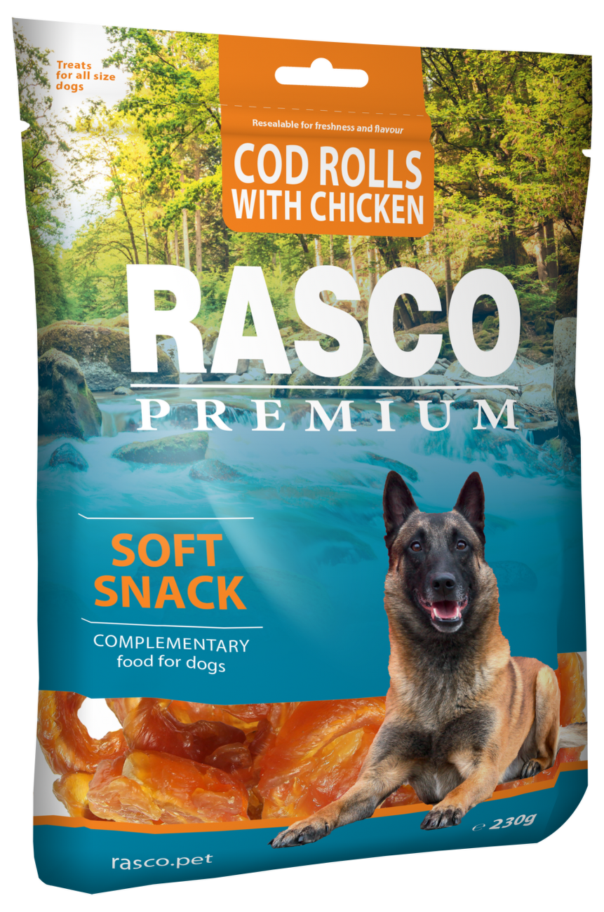 Pochoutka Rasco Premium tresčí rolky obalené kuřecím masem 230g