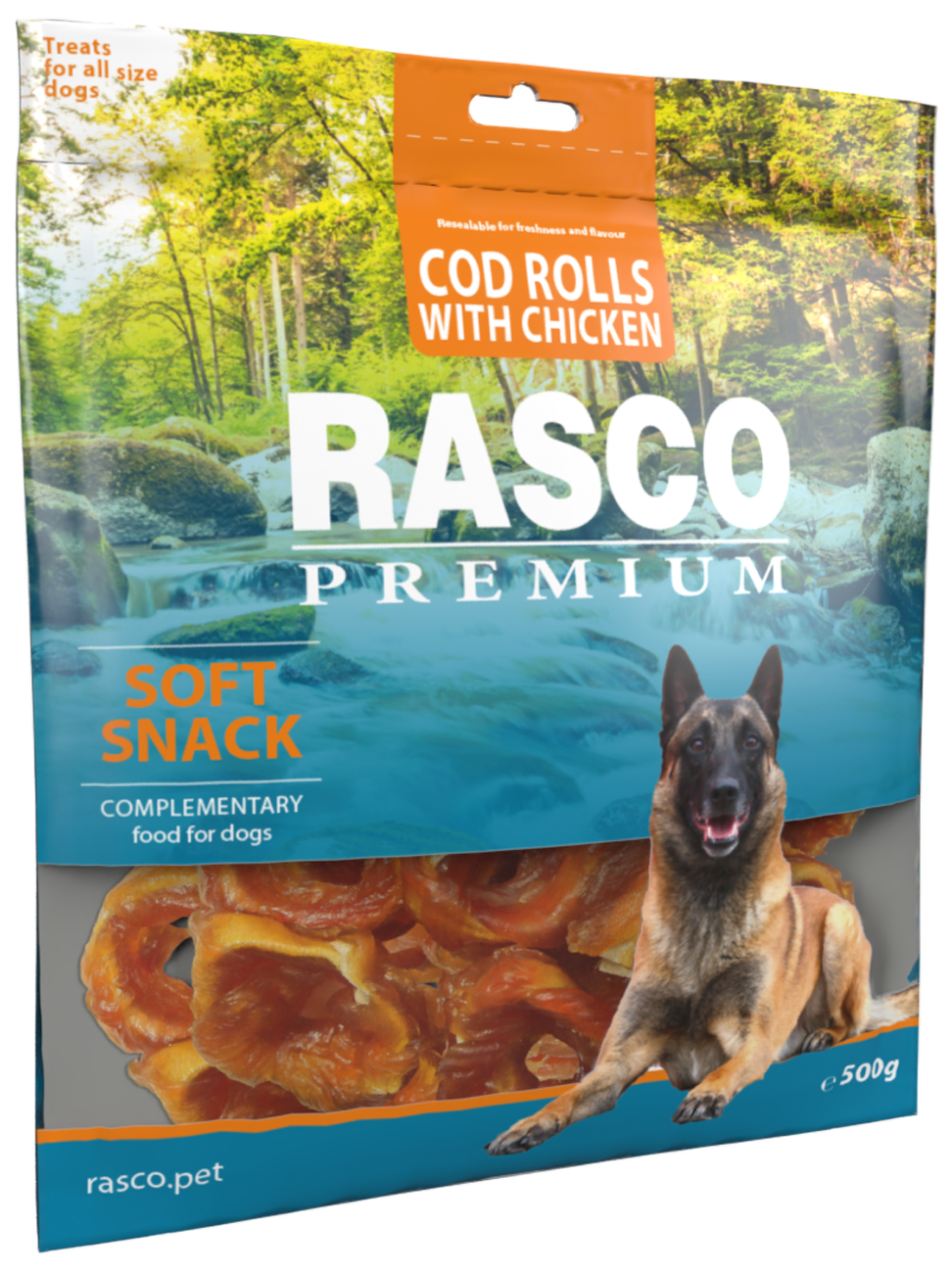 Pochoutka Rasco Premium tresčí rolky obalené kuřecím masem 500g