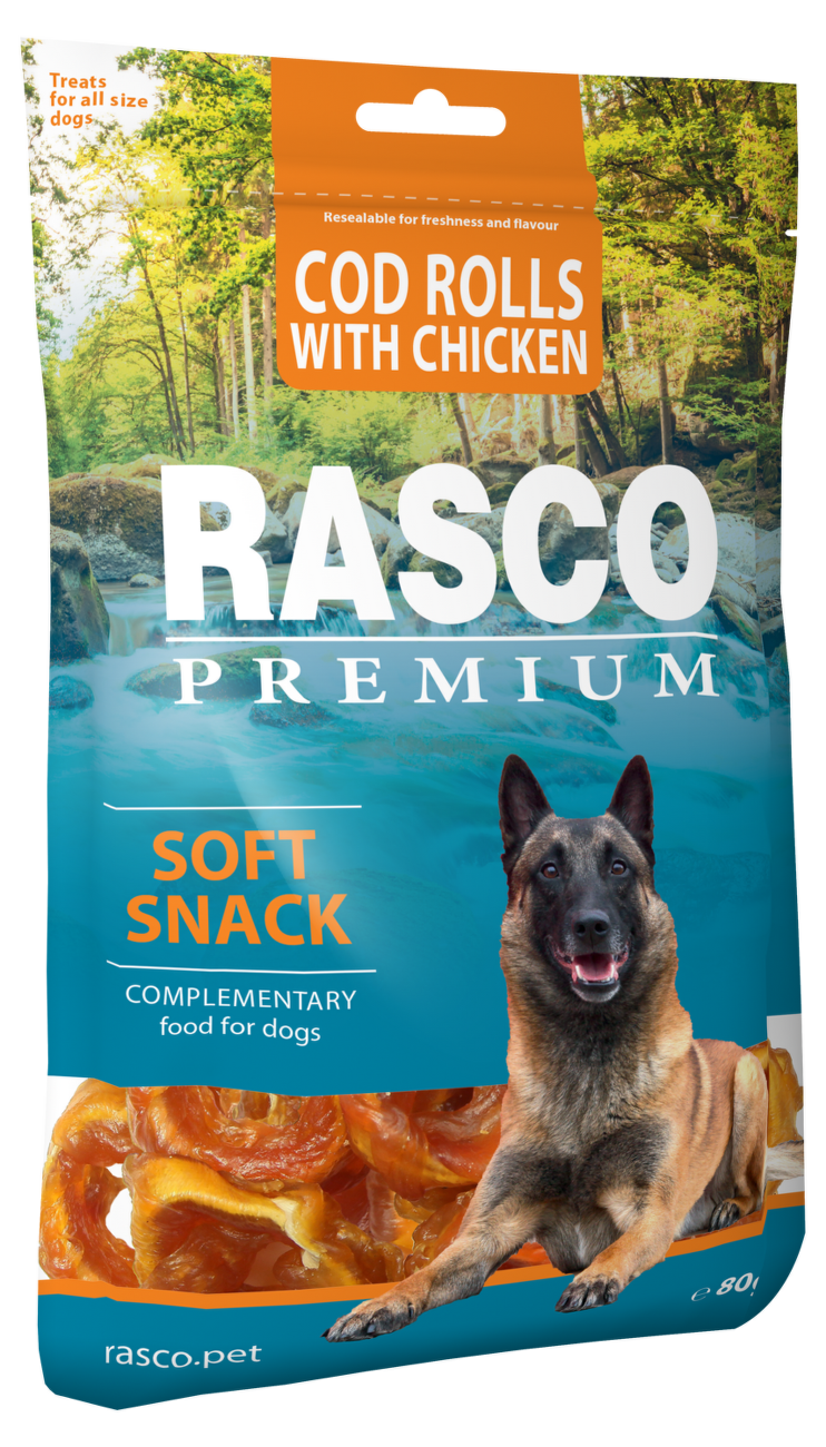 Pochoutka Rasco Premium tresčí rolky obalené kuřecím masem 80g