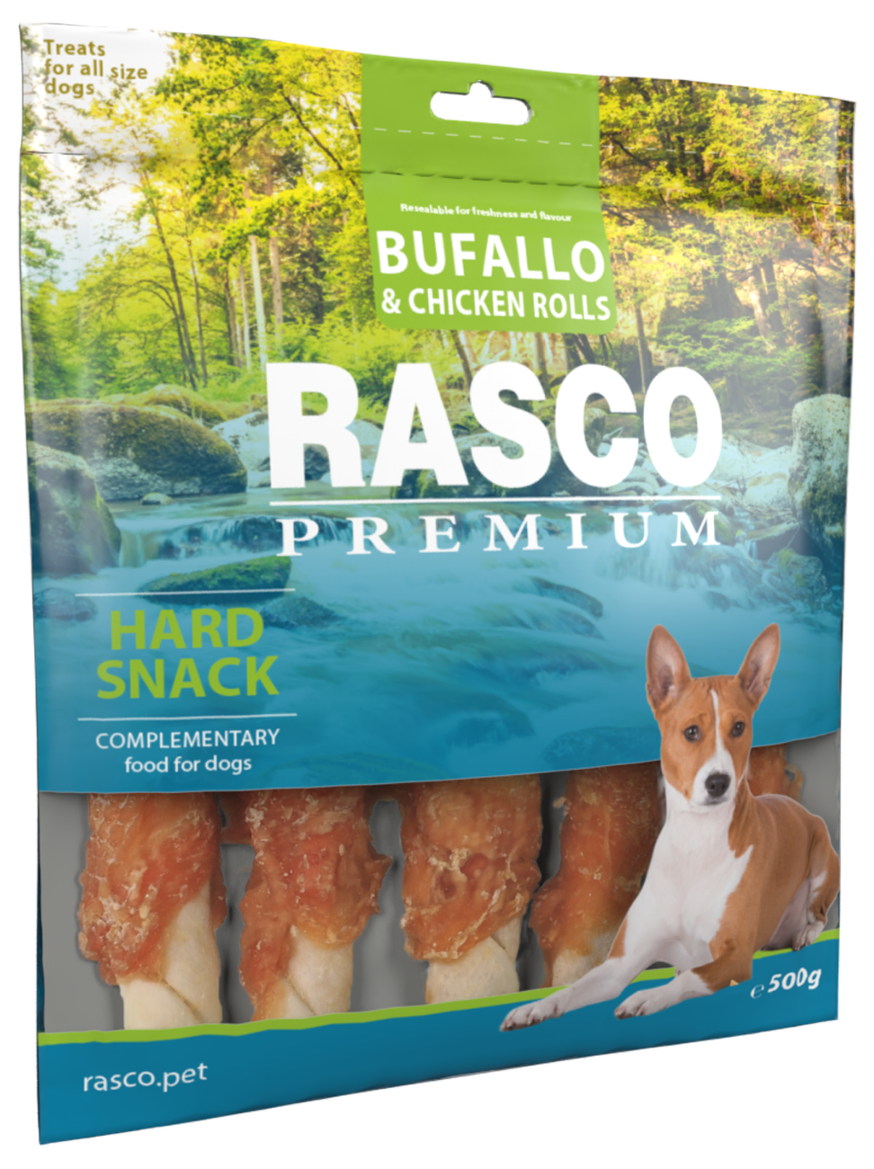 Pochoutka Rasco Premium tyčinky bůvolí L obalené kuřecím masem 500g