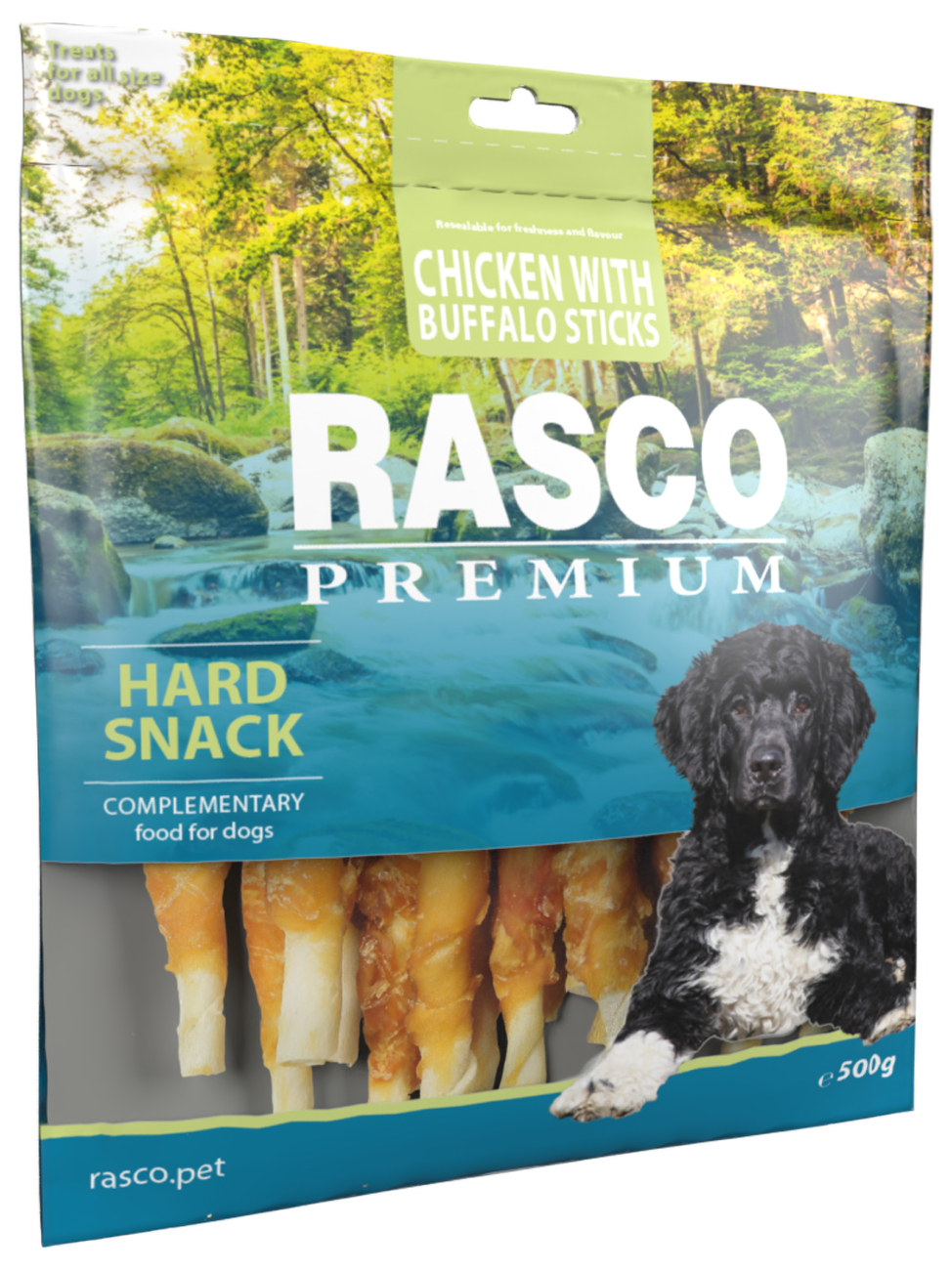 Pochoutka Rasco Premium tyčinky bůvolí obalené kuřecím masem 500g