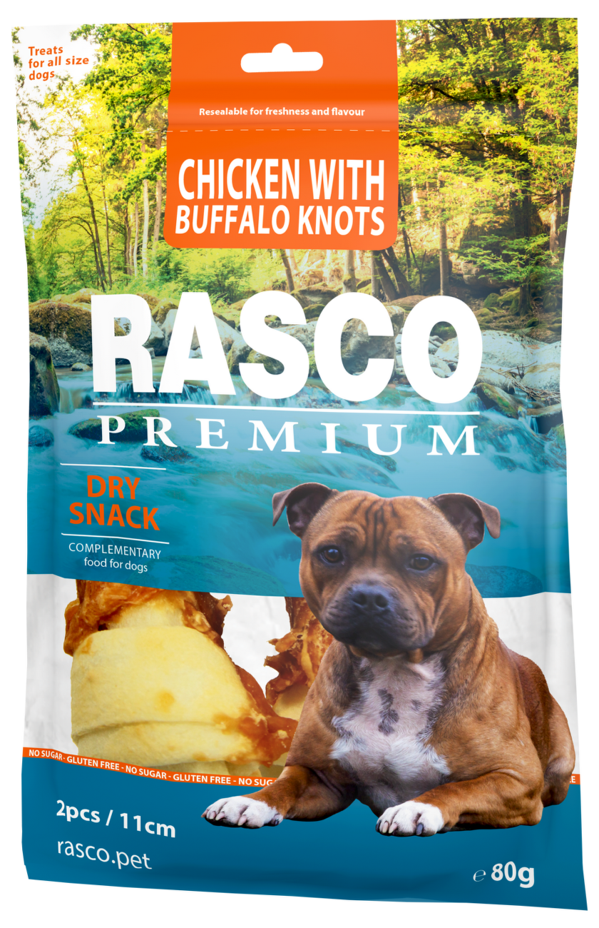 Pochoutka Rasco Premium uzly bůvolí 11cm obalené kuřecím masem 80g