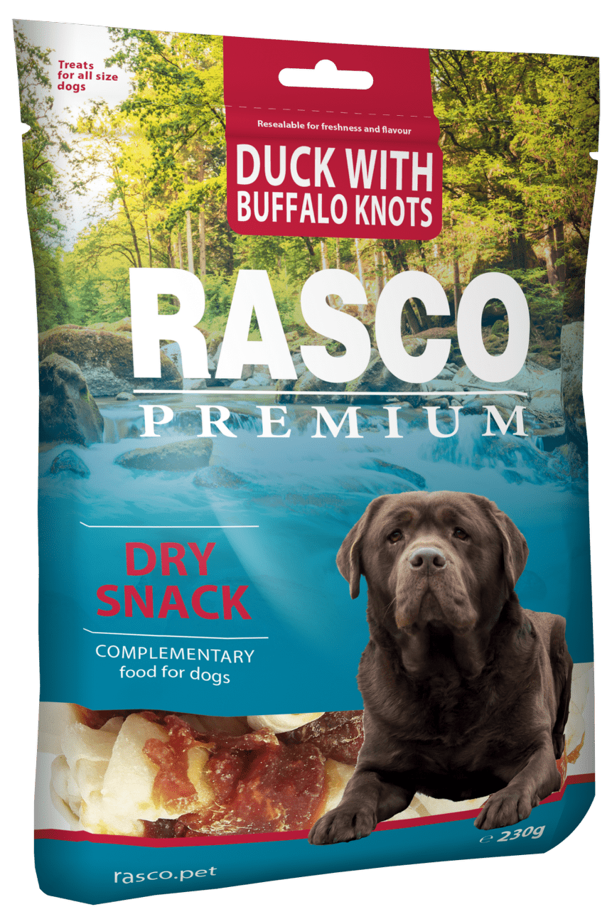 Pochoutka Rasco Premium uzly bůvolí 5cm s kachním masem 230g