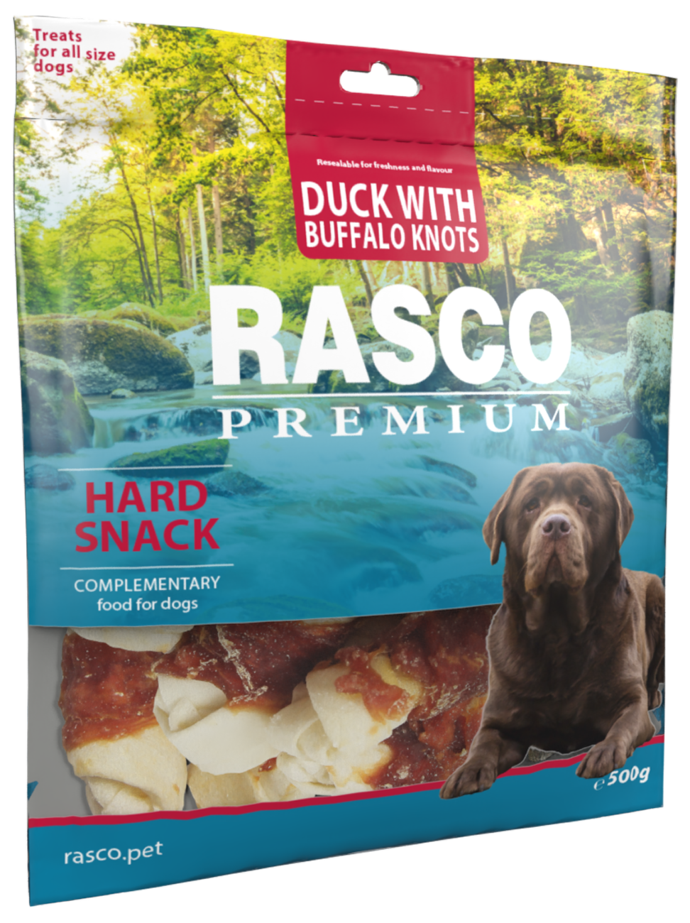 Pochoutka Rasco Premium uzly bůvolí 5cm s kachním masem 500g