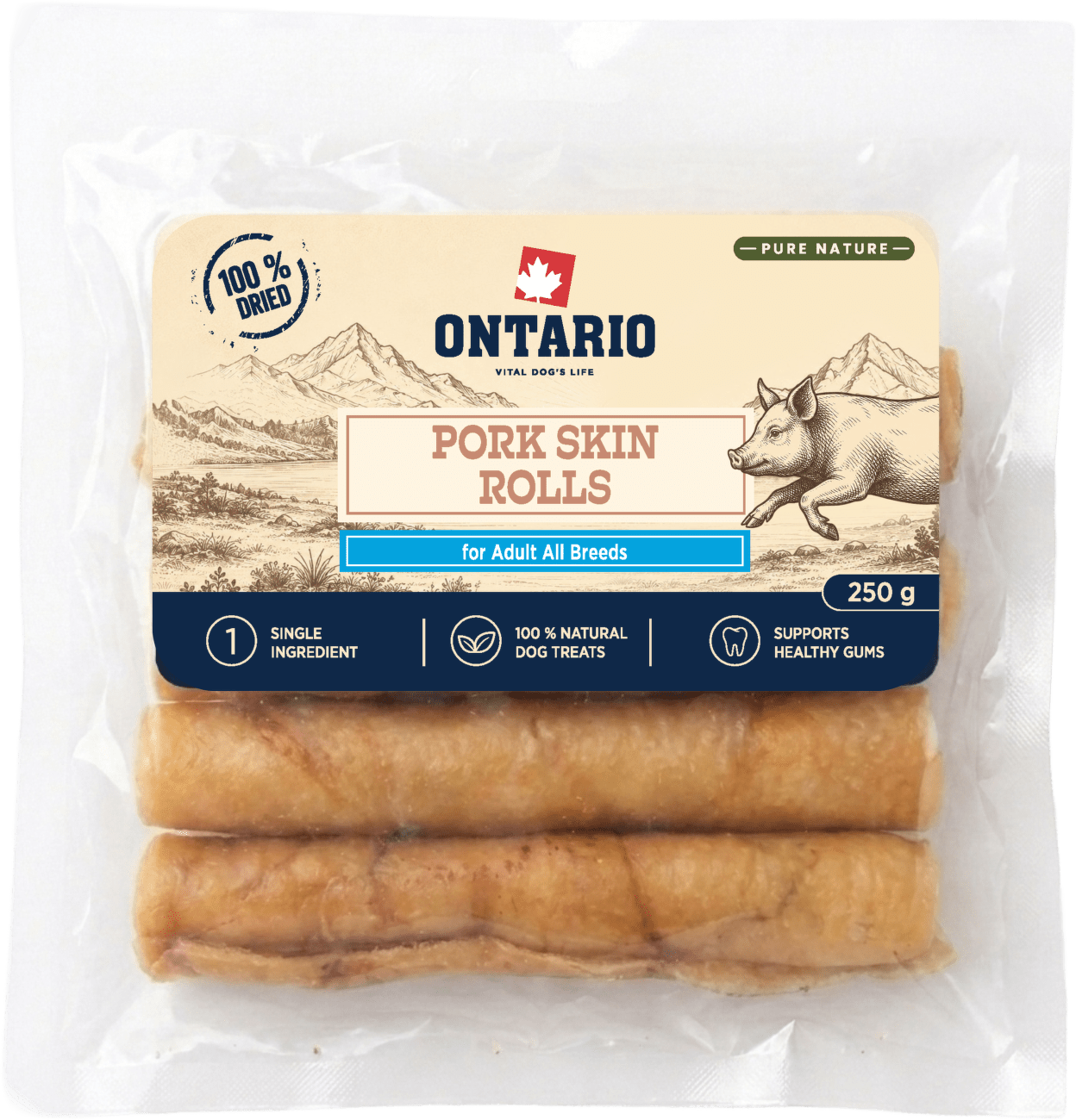 Sušená vepřová kůže Ontario Pure Nature rolka 250 g