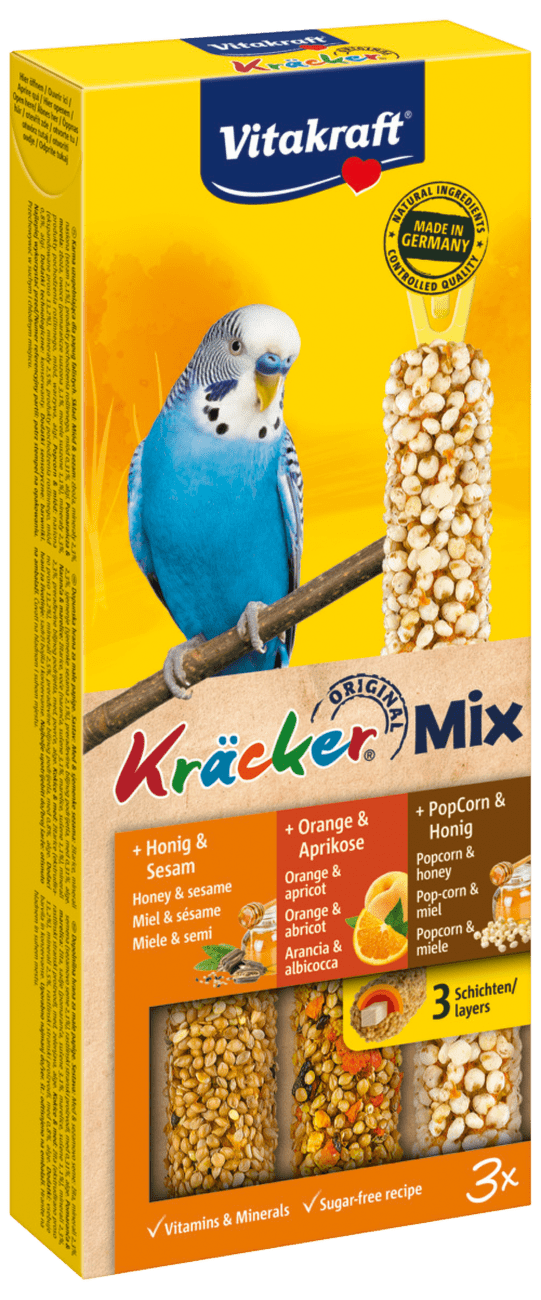 Tyčinky Vitakraft Kracker Trio Mix med, pomeranč a popkorn 3ks