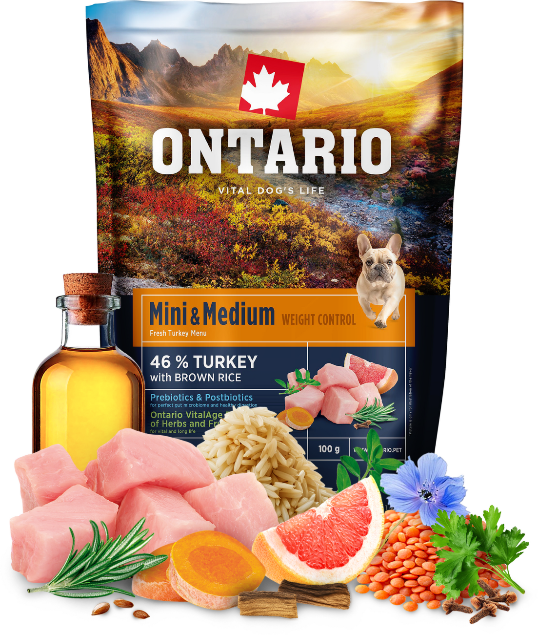 Vzorek - Ontario Mini & Medium Weight Control Turkey & Brown Rice 100g