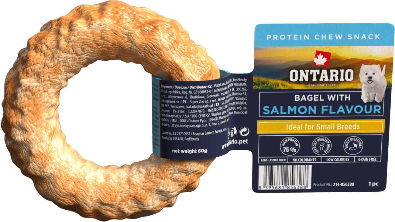 Žvýkací pochoutka Ontario Protein bagel pro malá plemena  s příchutí lososa 8,9 cm