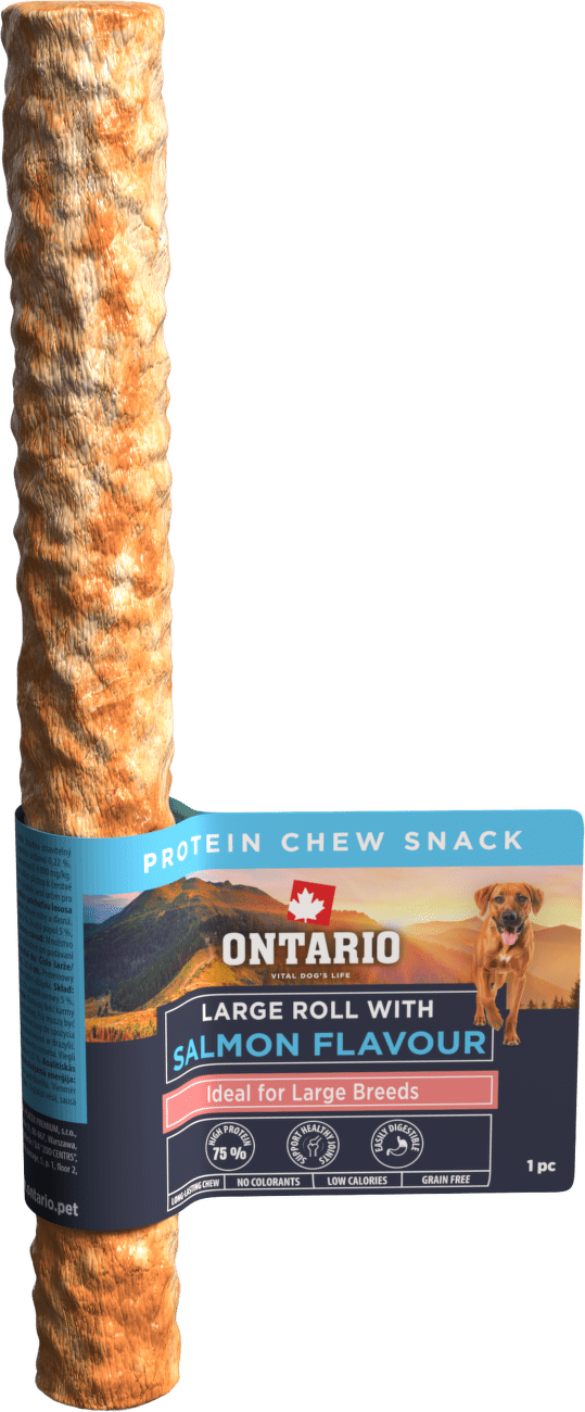 Žvýkací pochoutka Ontario Protein velká rolka pro velká plemena  s příchutí lososa 25,4 cm